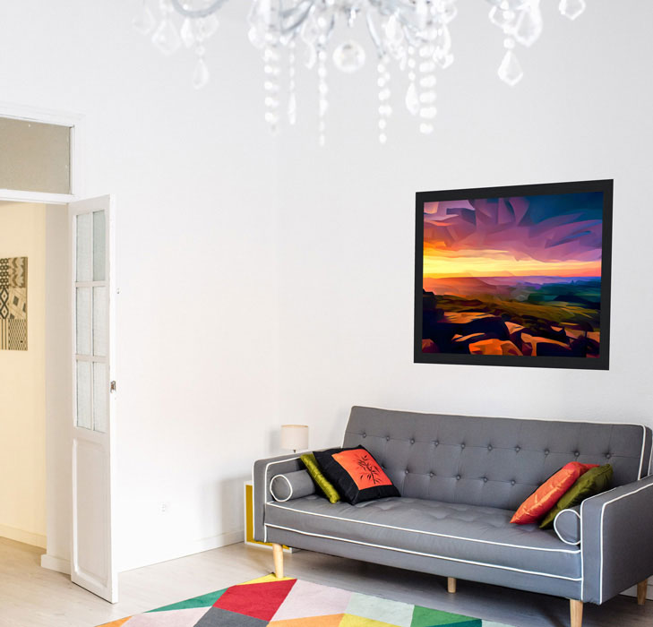 peak district art print framed in living room setting